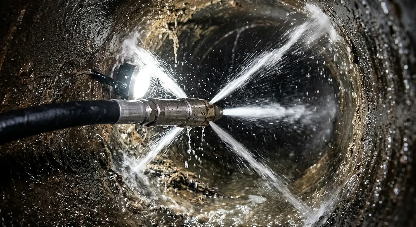 High-pressure hydro jetting nozzle cleaning sewer pipe for Sewer Cleanout in Whitestown