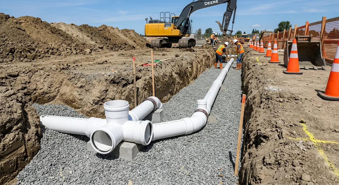 New PVC sewer pipe installation in open trench for Commercial Drain Cleaning in Whitestown